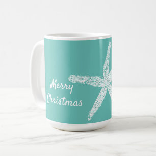 Starfish Patterns Teal White Beach Merry Christmas Coffee Mug