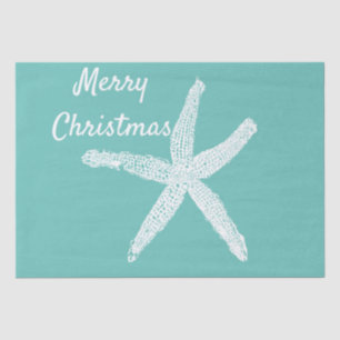 Starfish Patterns Teal White Beach Merry Christmas Tissue Paper