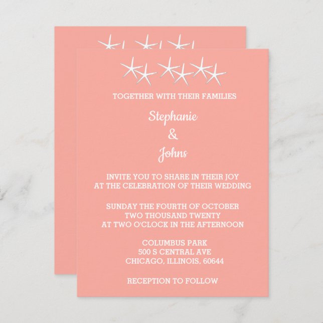 Starfish Patterns White Salmon Orange Cute Wedding Invitation (Front/Back)