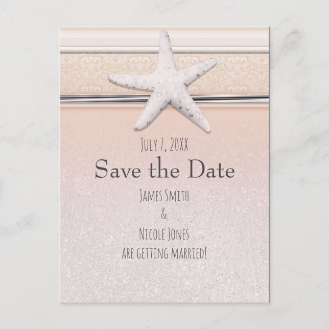 Starfish Peach & Cream Beach Wedding Save the Date Announcement Postcard (Front)
