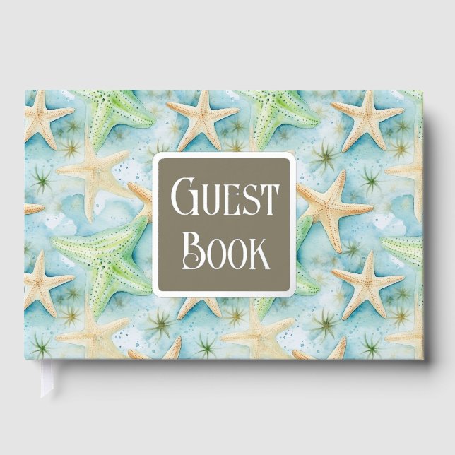 Starfish peach green nautical coastal real foil guest book (Front)