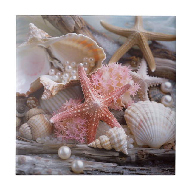 Starfish Pearls Seashells Driftwood Beach Ceramic Tile (Front)