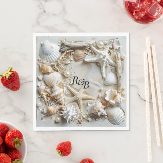 Starfish Pearls Seashells Driftwood Beach Napkin (Insitu)