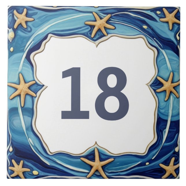 Starfish Personalised Beach House Number Sign Ceramic Tile (Front)