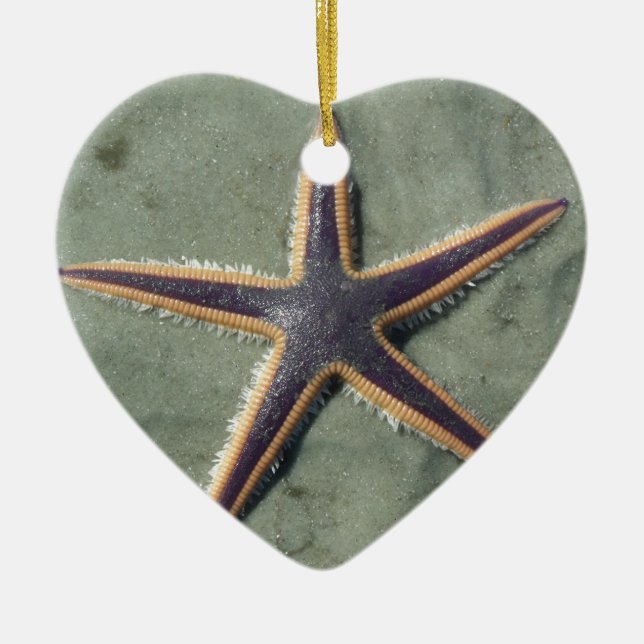 Starfish Purple sea star on beach Ceramic Ornament (Front)