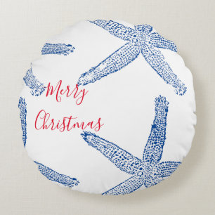 Starfish Red Blue White Beach Merry Christmas Round Cushion