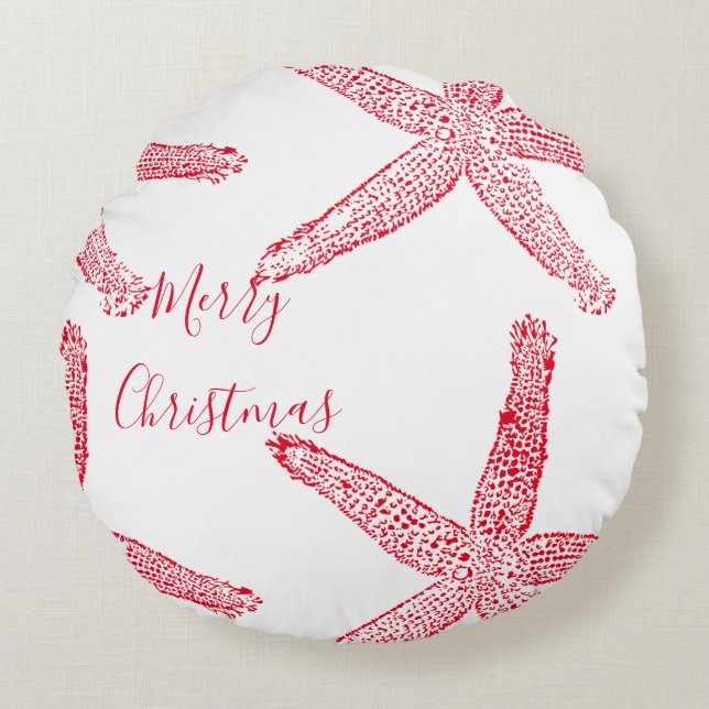 Starfish Red White Beach Merry Christmas Elegant Round Cushion (Front)