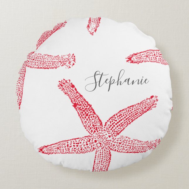 Starfish Red White Beach Name Template Christmas Round Cushion (Front)