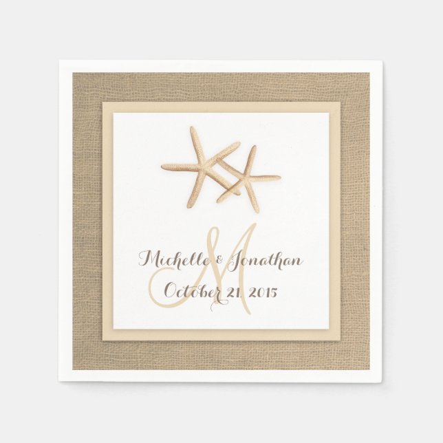 Starfish Rustic Burlap Beach Wedding Napkin (Front)