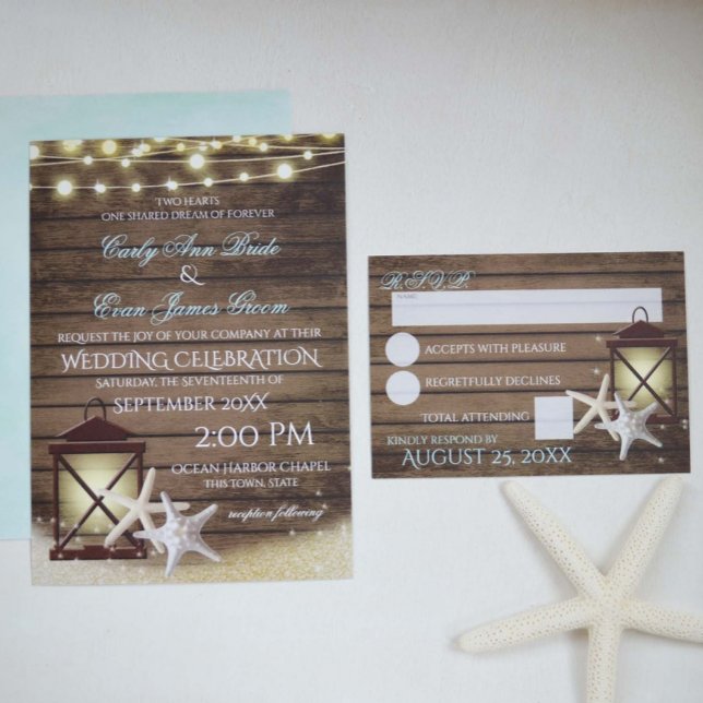 Starfish Rustic Ocean Wood and Lights Invitation (Creator Uploaded)