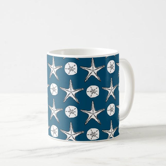 Starfish Sand Dollar Sketch Pattern Coffee Mug (Front Right)