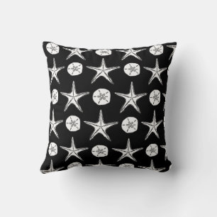 Starfish Sand Dollar Sketch Pattern On Black Cushion
