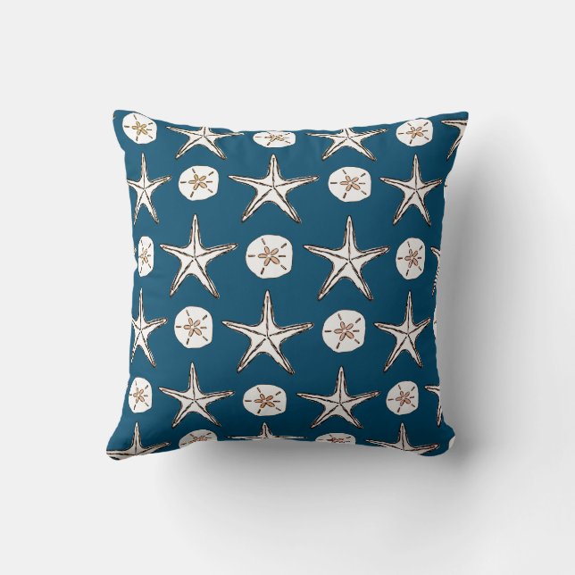 Starfish Sand Dollar Sketch Pattern On Ocean Blue Cushion (Back)
