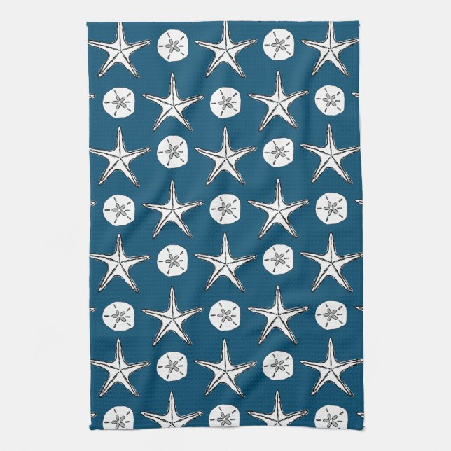 Starfish Sand Dollar Sketch Pattern On Ocean Blue Tea Towel (Vertical)