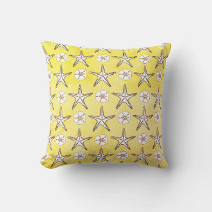 Starfish Sand Dollar Sketch Pattern On Yellow Cushion