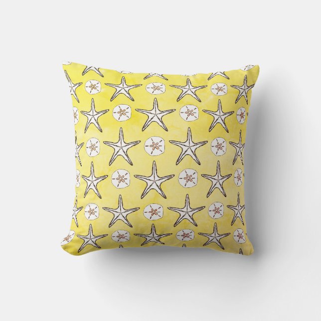 Starfish Sand Dollar Sketch Pattern On Yellow Cushion (Front)