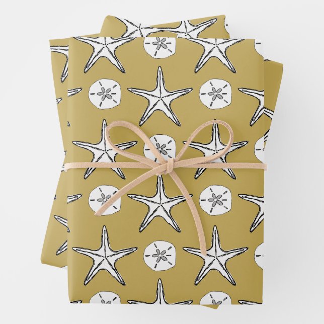 Starfish Sand Dollar Sketch Pattern Wrapping Paper Sheet (In situ)