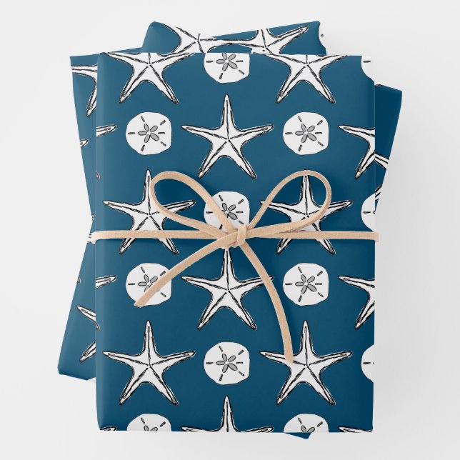 Starfish Sand Dollar Sketch Pattern Wrapping Paper Sheet (In situ)