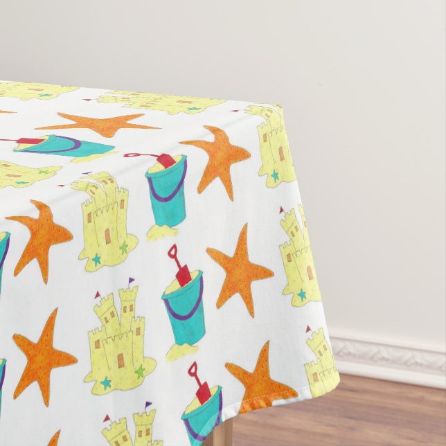 Starfish Sandcastle Sand Pail Summer Beach Print Tablecloth (In Situ)