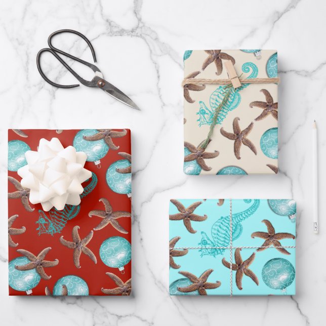 Starfish Sea Horses Christmas Gift Wrapping Sheets (Front)