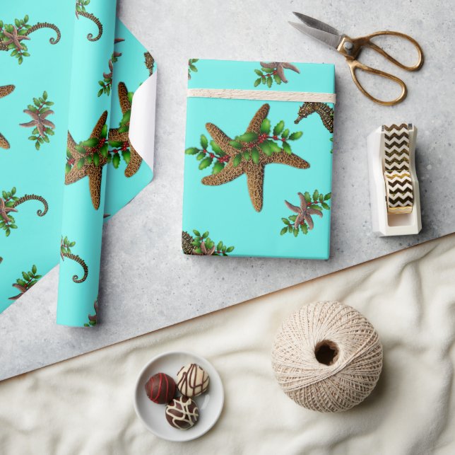 Starfish Sea Horses Pattern Christmas Wrapping Paper (Crafts)