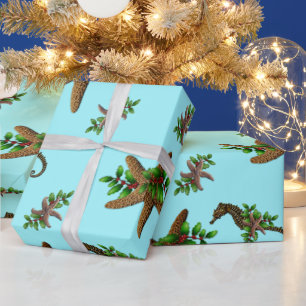 Starfish Sea Horses Pattern Light Blue Christmas Wrapping Paper