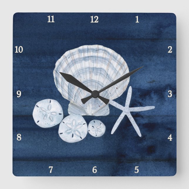 Starfish Sea Shells Beach Sand Dollar Blue n White Square Wall Clock (Front)