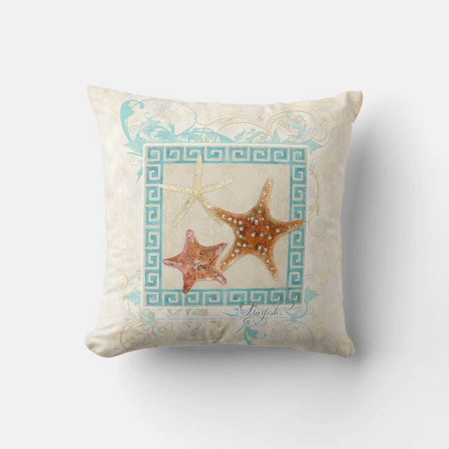 Starfish Sea Shells Ocean Greek Key Pattern Beach Cushion (Front)