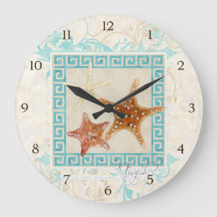 Starfish Sea Shells Ocean Greek Key Pattern Beach Large Clock