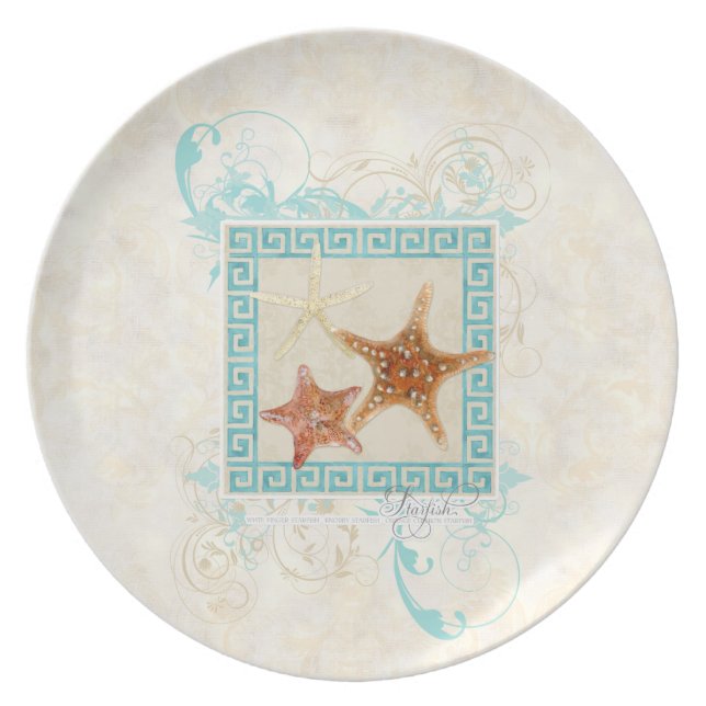 Starfish Sea Shells Ocean Greek Key Pattern Beach Plate (Front)