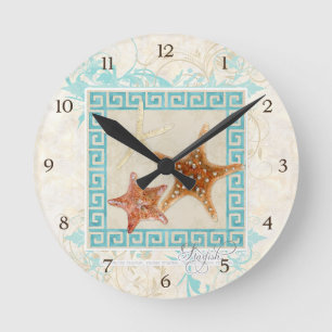 Starfish Sea Shells Ocean Greek Key Pattern Beach Round Clock