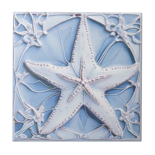 Starfish Sea Star Blue Art Nouveau Faux Relief Ceramic Tile (Front)