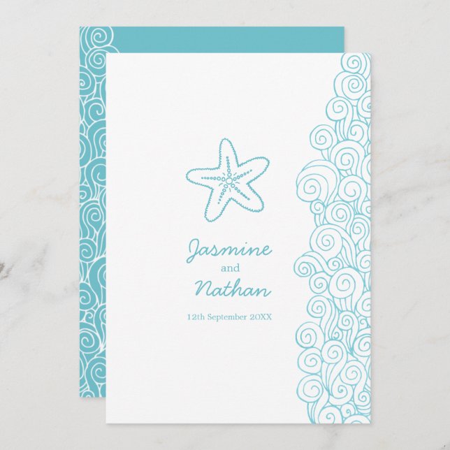 Starfish sea swirl aqua white beach wedding invitation (Front/Back)