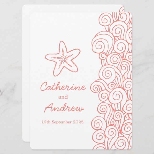 Starfish sea swirl coral beach wedding invitation (Front/Back)
