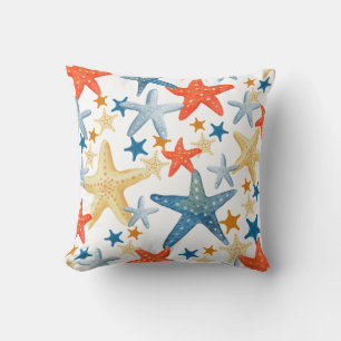Starfish Seashell Pattern Blue Orange Coastal Cushion
