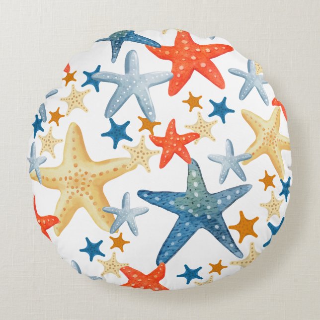 Starfish Seashell Pattern Blue Orange Coastal Round Cushion (Front)