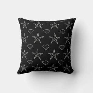Starfish Seashell Sketch Pattern On Black Cushion