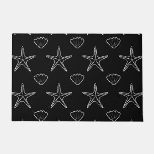 Starfish Seashell Sketch Pattern On Black Doormat