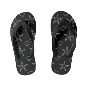 Starfish Seashell Sketch Pattern On Black Kid's Thongs