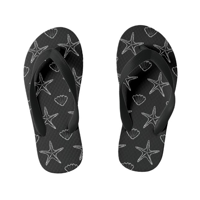 Starfish Seashell Sketch Pattern On Black Kid's Thongs (Footbed)