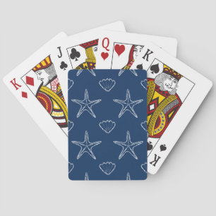 Starfish Seashell Sketch Pattern On Blue Playing Cards