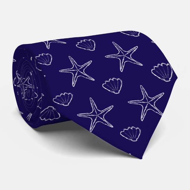 Starfish Seashell Sketch Pattern On Blue Tie (Rolled)