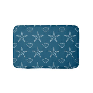 Starfish Seashell Sketch Pattern On Ocean Blue Bath Mat