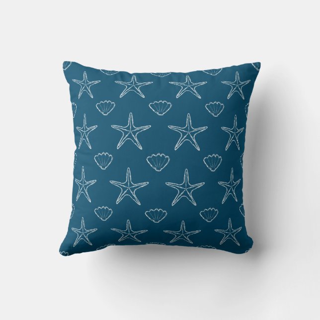 Starfish Seashell Sketch Pattern On Ocean Blue Cushion (Back)