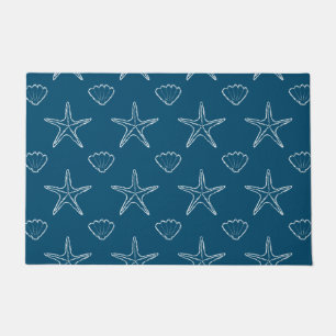 Starfish Seashell Sketch Pattern On Ocean Blue Doormat