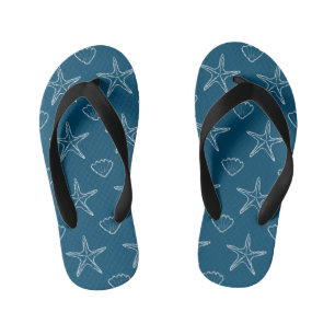 Starfish Seashell Sketch Pattern On Ocean Blue Kid's Thongs