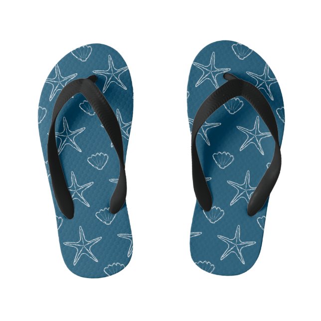 Starfish Seashell Sketch Pattern On Ocean Blue Kid's Thongs (Footbed)