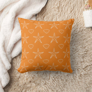 Starfish Seashell Sketch Pattern On Orange Cushion