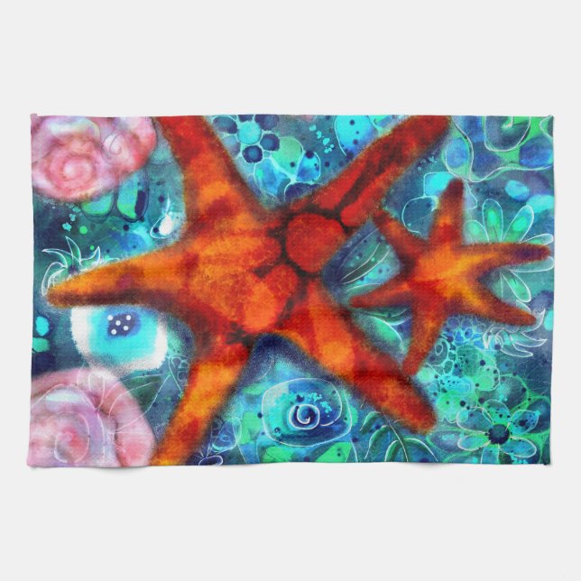 Starfish Seashells Beach Coastal Nautical Abstract Tea Towel (Horizontal)