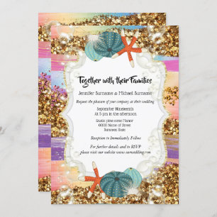Starfish seashells glitter sunset destination invitation
